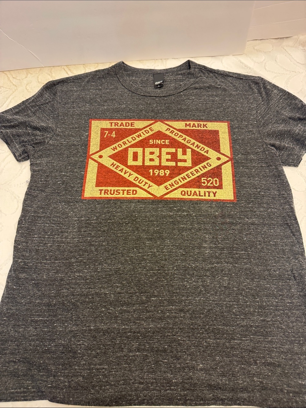 Obey Men's Heather Gray T-Shirt with Red and Gold Logo Patch